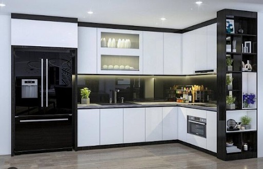 không gian bếp màu đen trắng