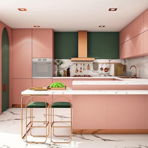 không gian bếp màu hồng