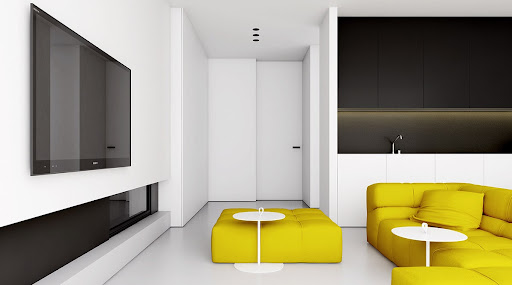 Ảnh phòng khách hiện đại với tông màu đen, trắng, vàng