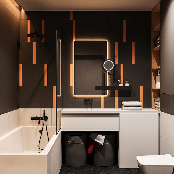 điểm nhấn màu cam giúp cho tường phòng tắm trở nên đẹp mắt và cá tính
