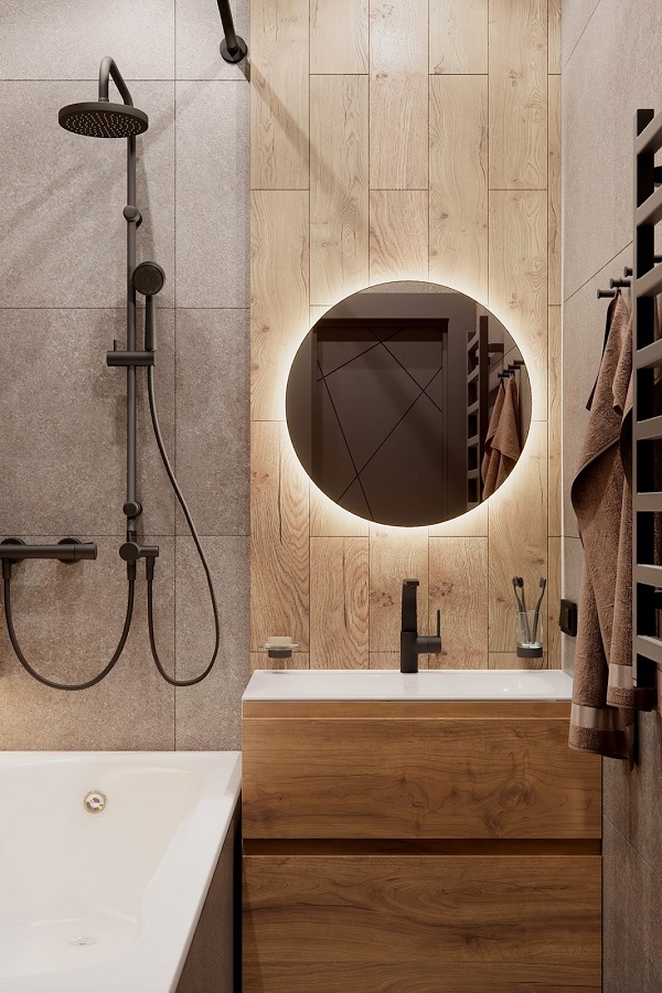 Gạch có hiệu ứng gỗ giúp cho phòng tắm thêm phần ấm áp hơn. 