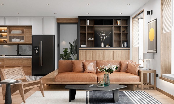 Ghế sofa màu da nâu kết hợp hoàn hảo với đế gỗ tự nhiên. 