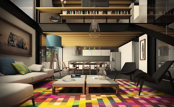 Thiết kế phòng khách ấn tượng với thảm trải nhiều màu cá tính. 