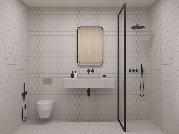Phòng tắm lát gạch trắng từ sàn lên trần