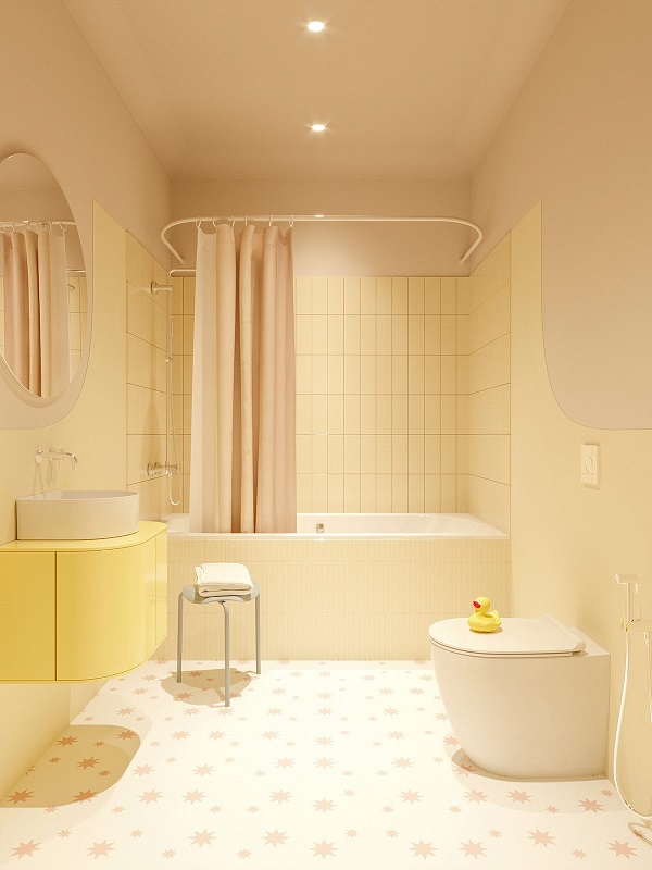thiết kế phòng tắm với gạch màu vàng