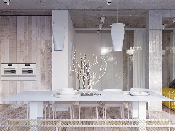 Nội thất bếp bằng gỗ tẩy trắng, đồng điệu vời sàn nhà. 
