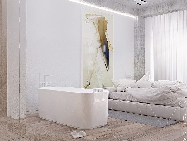 Thiết kế bồn tắm bên cạnh giường ngủ hiện đại. 