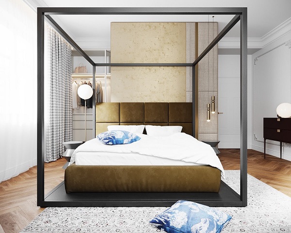 Khung giường lập phương màu đen tương phản với nội thất vàng đồng. 