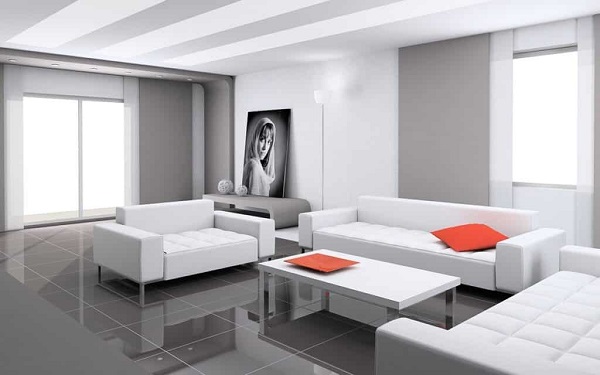 Phòng khách Hitech đơn giản với tone màu đen, trắng, xám