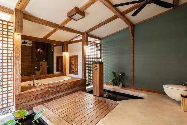 Nội thất phòng tắm cũng được sử dụng chất liệu gỗ mộc mạc