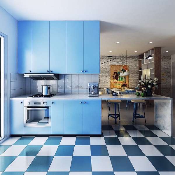 Tủ bếp màu xanh da trời chữ I trẻ trung, đẹp mắt
