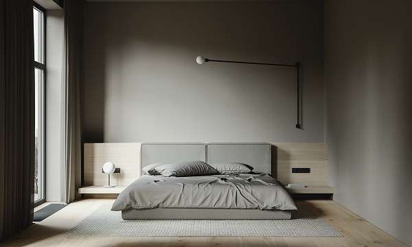 chiếc giường ngủ màu xám êm ái, hiện đại.