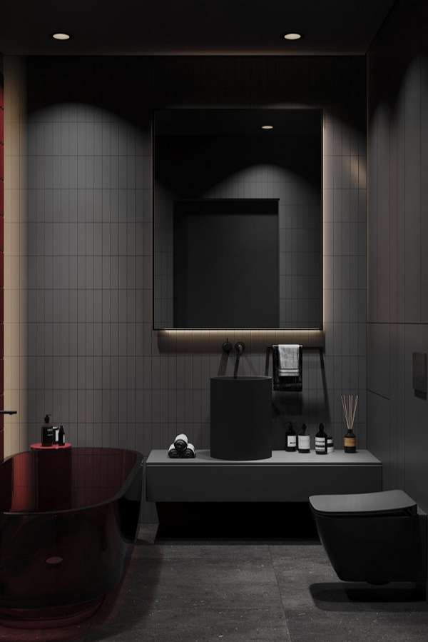 Không gian phòng tắm có sự nhấn nhá, xen kẽ giữa điểm sáng và tối