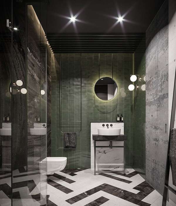 Phòng tắm thiết kế tối màu, sàn ốp đá đen trắng