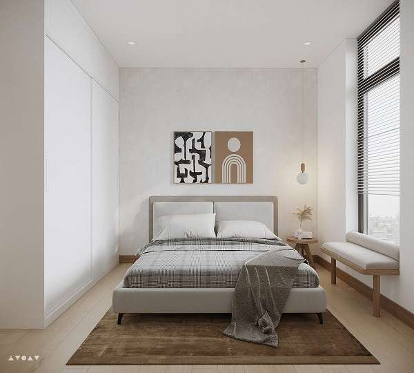 Nội thất phòng ngủ thứ hai nổi bật với đường nét đơn giản, sắc nét