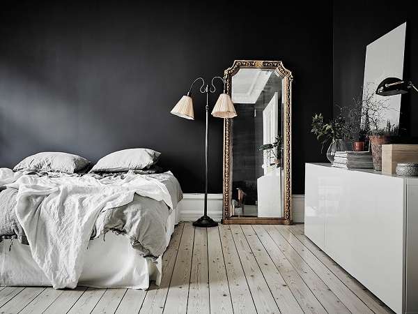 Nội thất phòng ngủ đậm chất Scandinavian, bảng màu đen, trắng, xám hài hòa