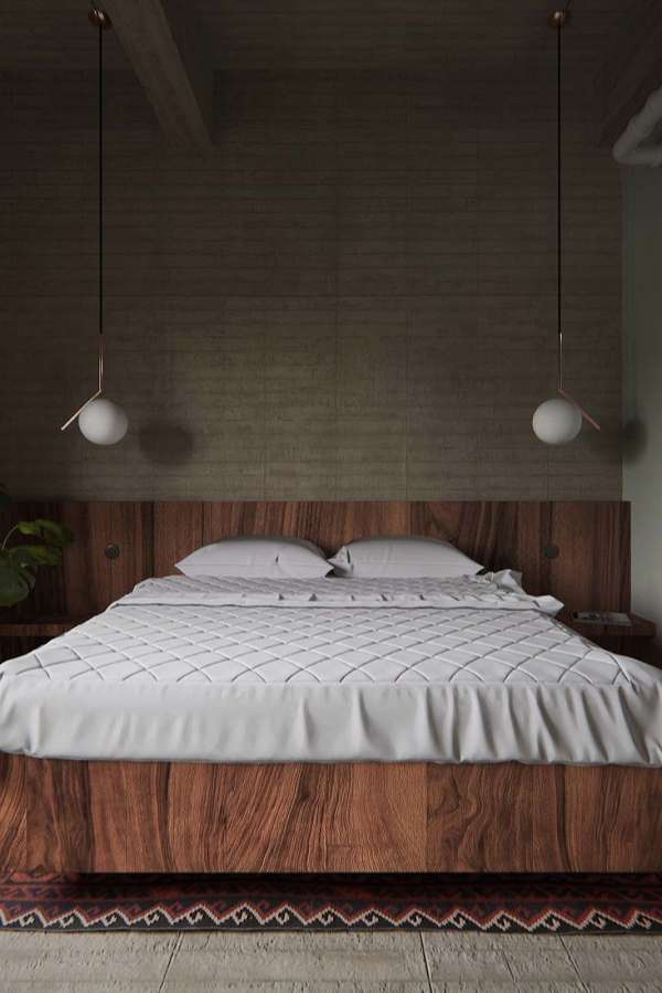 Phòng ngủ đơn giản với giường gỗ to, rộng, êm ái. 