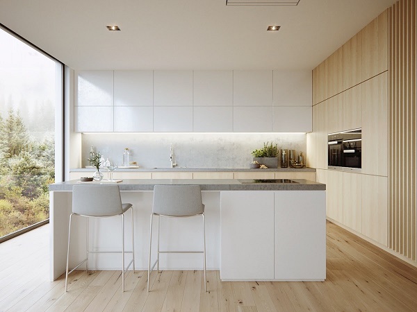 Nhà bếp màu trắng, gỗ đày phong cách