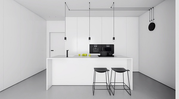 Thiết kế phòng bếp tối giản, đen, trắng
