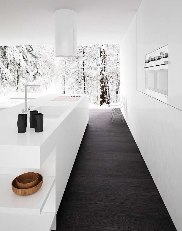 Sàn nhà màu đen nổi bật trên nền trắng như tuyết của bếp