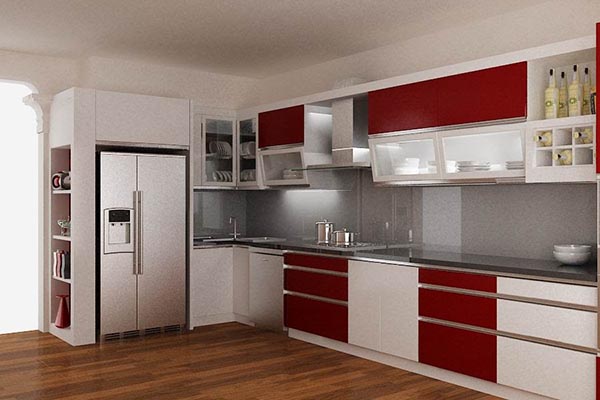 tủ bếp MDF phủ Acrylic chữ L vừa vặn trong khu vực nấu ăn nhỏ nhắn