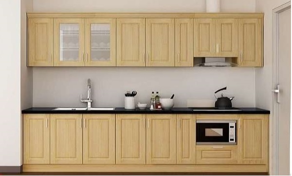 Tủ bếp gỗ sồi Mỹ thiết kế chữ i thích hợp với mọi không gian, đặc biệt là nơi bếp có diện tích khiêm tốn.