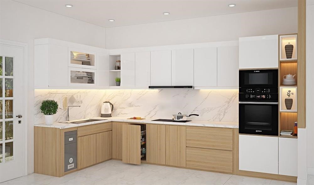 Hình ảnh của Tủ bếp gỗ công nghiệp có chất liệu và kiểu dáng nào?