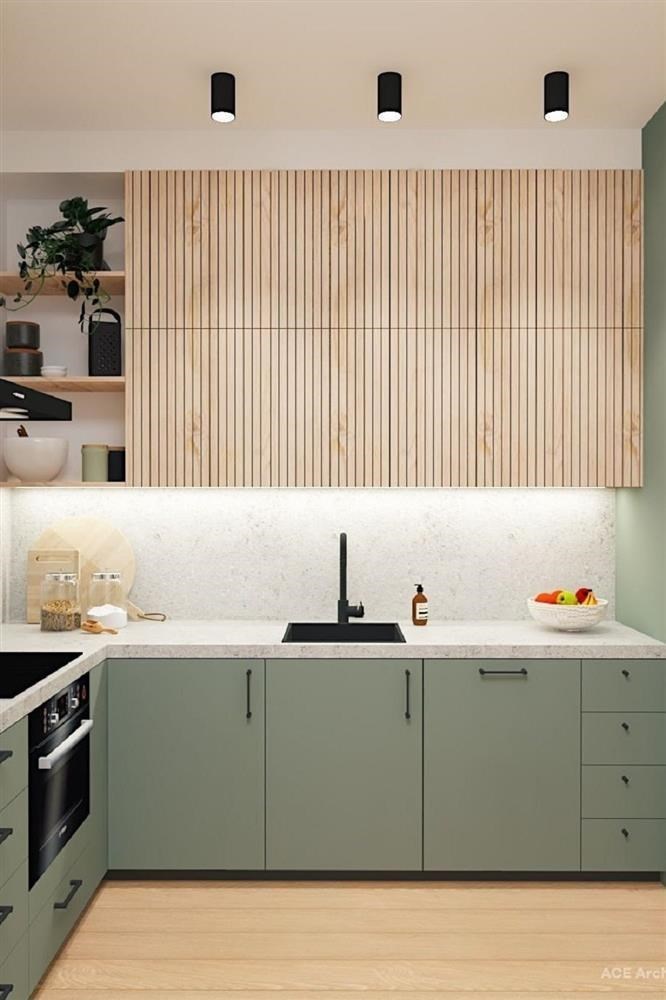 Tủ bếp gỗ màu xanh xám