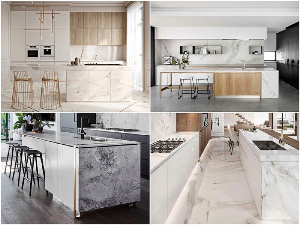 Chất liệu gỗ vân với đá marble đơn giản, tinh tế cho không gian bếp