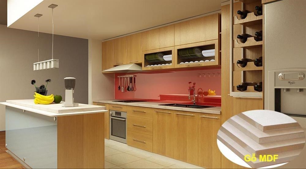 mẫu tủ bếp MDF nâu sáng