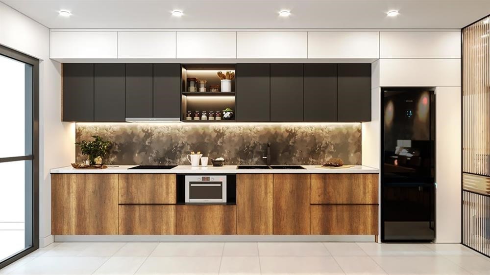 tủ bếp gỗ công nghiệp MDF phủ Laminate chữ I màu nâu