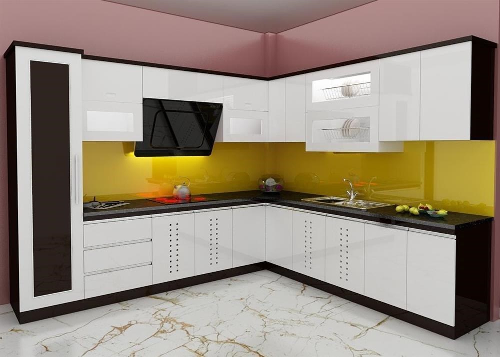 tủ bếp gỗ MDF phủ Acrylic chữ L hiện đại