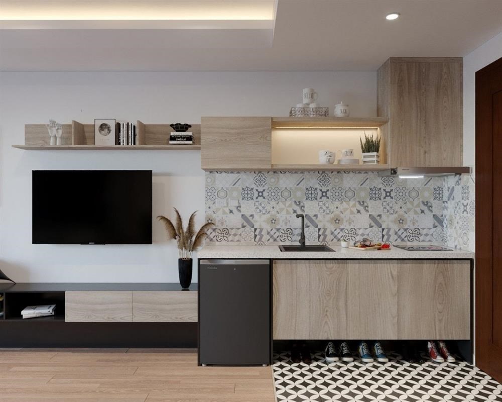 tủ bếp chữ I chất liệu gỗ MDF phủ Melamine hiện đại