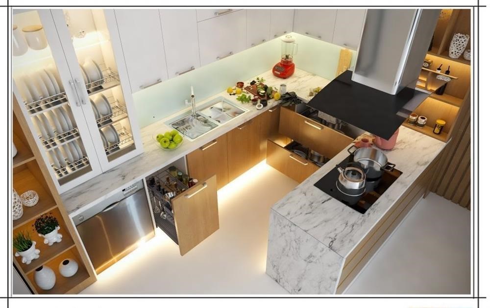 tủ bếp chữ U thiết kế đẹp mắt nổi bật