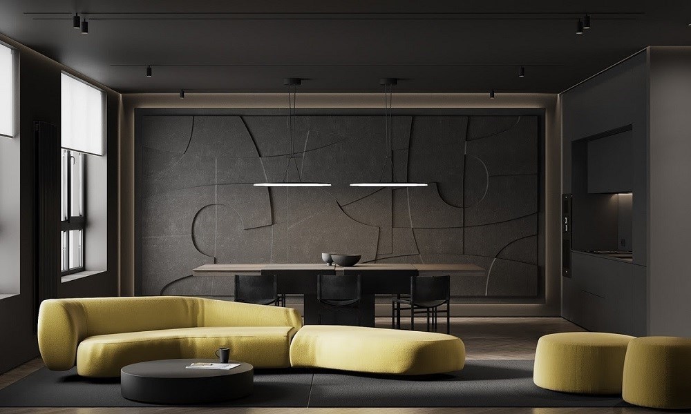 Ghế sofa hiện đại màu vàng uber là điểm nhấn tươi sáng trong phòng khách đen