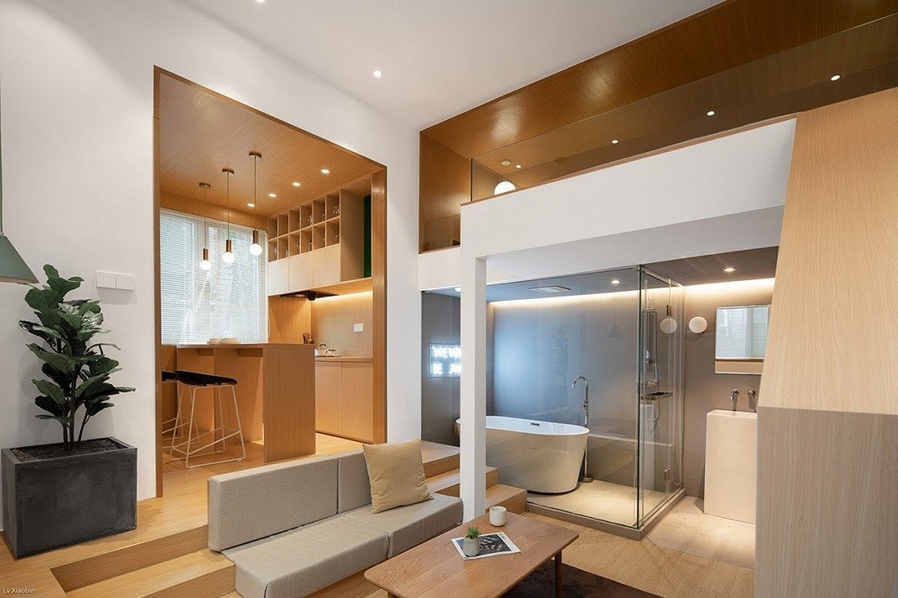 Chất liệu gỗ liên kết chủ đề của căn hộ nhỏ.