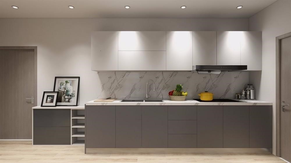 tủ bếp chữ I gỗ MDF phủ laminate kết hợp đèn LED