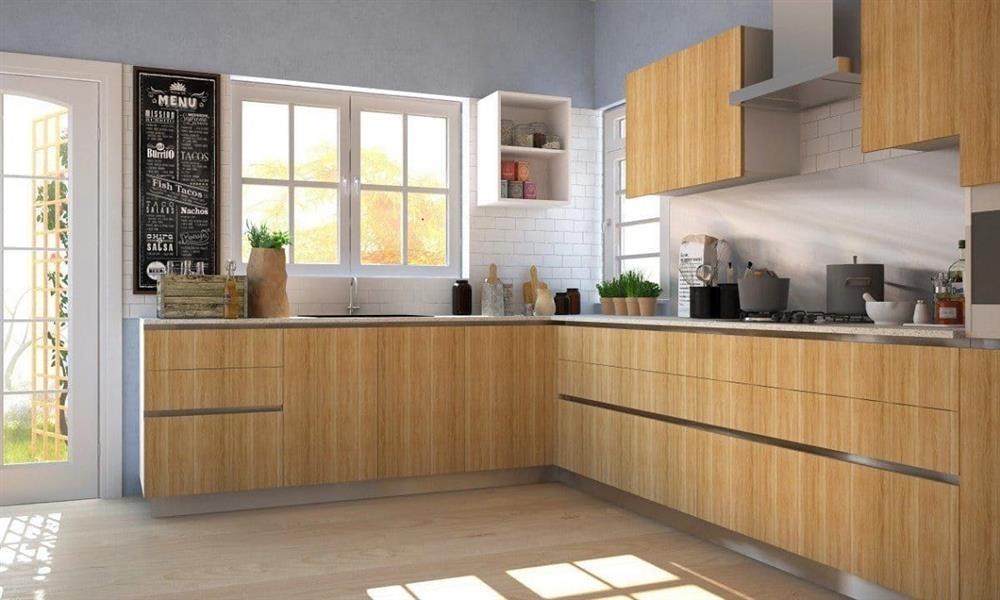 tủ bếp chữ L chất liệu gỗ MDF phủ Laminate màu nâu nhạt