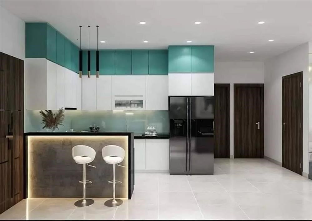 tủ bếp chữ L chất liệu gỗ MDF phủ Laminate tinh tế