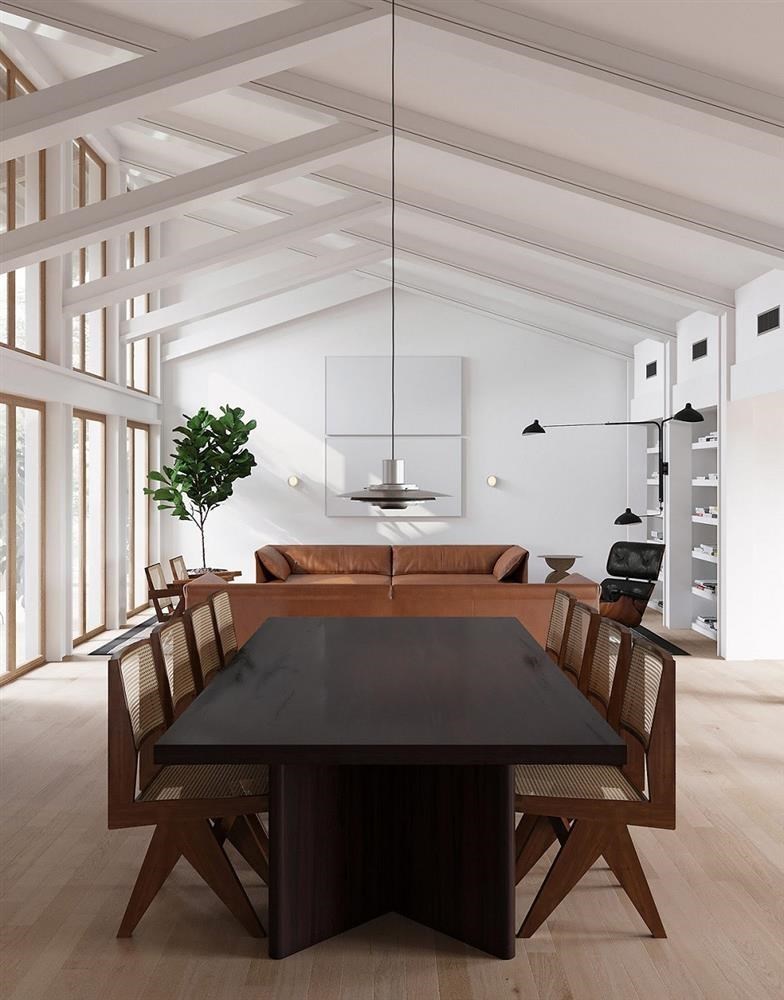 Đèn treo trần hiện đại là điểm nhấn tinh tế trên bàn ăn lớn.