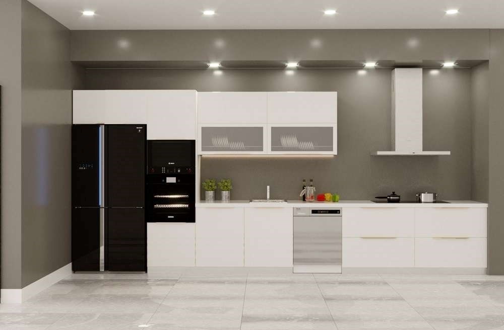 Tủ bếp inox canh kính sang trọng, hiện đại